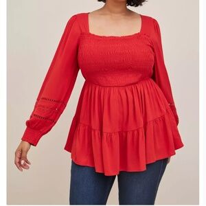 Torrid Red Babydoll Rayon Slub with Lace Inset Smocked Tiered Top Size 00X (10)